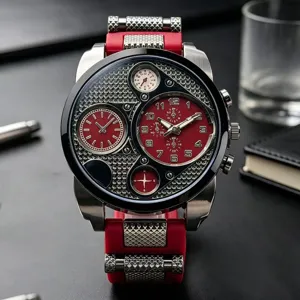 Detailed close-up of men's quartz watch with large red multi-dial face and silicone strap.
