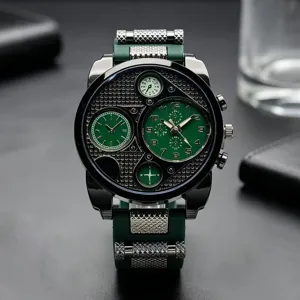 Men's quartz watch featuring a large dual time zone dial and green silicone strap.