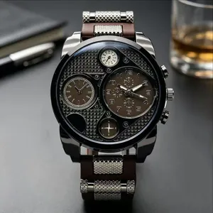 Oversized multi-dial quartz watch for men featuring a textured dial and stylish design.