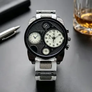 Men's oversized quartz watch with multi-dial chronograph and dual time zone display.
