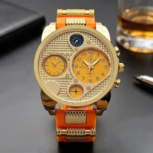 Men quartz watch large dial dual time zone casual sport luxury gold silicone strap.