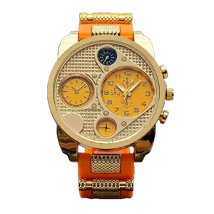 Men's oversized quartz watch with multi-dial display and stylish orange silicone strap.