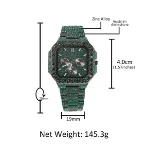 Hiphop Heren Luxe Strass Horloge Vierkante Wijzerplaat Quartz Multifunctionele Kalender Iced Out Legering Horloge