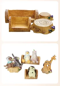 Miniature log furniture and cute animal resin figurines for micro landscape decor detail