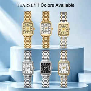 Montre quartz femme carrée de luxe avec bracelet en acier et chiffres romains en couleurs