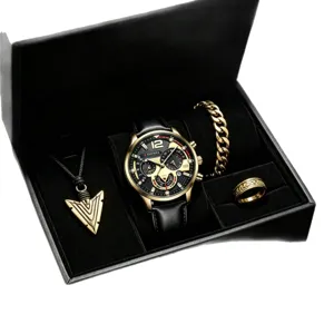 Men luxury quartz watch gift set featuring leather strap watch, necklace, bracelet and ring.