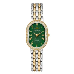 Elegant women's quartz watch with green oval dial, rhinestone bezel and two-tone metal bracelet.