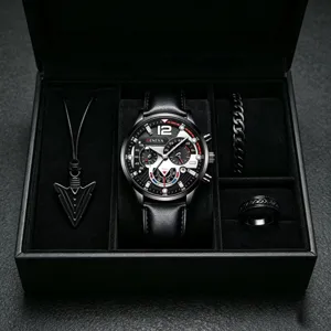 Fashion Men Quartz Watch And Jewelry Set Alloy Stainless Steel Multi Needle Calendar Wristwatch Arrow Pendant Necklace Chain Bracelet Finger Ring Combo For Male Daily Sport Accessories