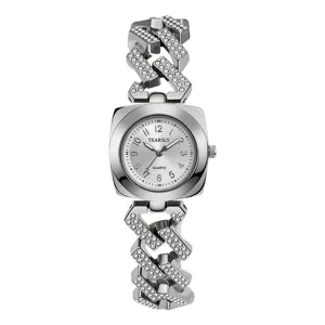 Elegante orologio al quarzo da donna con quadrante quadrato e cinturino con strass lucidi.