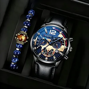 Men Fashion Business Geneva Quartz Watch Bracelet Set Zinc Alloy Case Blue Gold Dial Milanese Mesh Band Wristwatch Gift