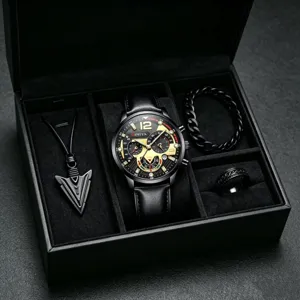 Detailed view of luxury men watch and jewelry gift set, exquisite dial and leather strap.