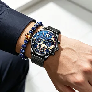 Stylish men's business quartz watch with black steel strap and blue dial, fashion accessory.