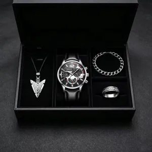 Men's gift watch set featuring leather quartz watch, arrow necklace, bracelet and ring.