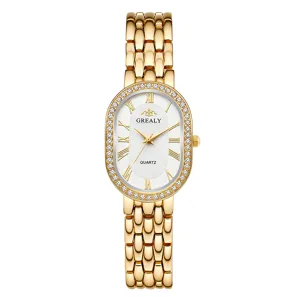 Luxury gold oval quartz watch for women with rhinestones, vintage Roman numerals and metal strap.