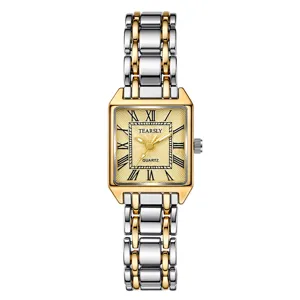 Montre pour Femme Rectangulaire en Alliage Quartz Mode Bracelet en Acier Inoxydable Montre-Bracelet Analogique Chiffres Romains