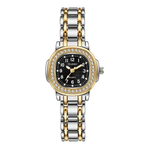 Zweifarbige Metallarmband Quarzuhr mit Strasslünette und schwarzem Zifferblatt im Detail