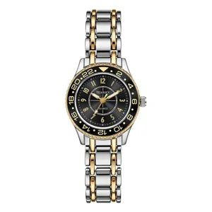 Damen zweifarbige Edelstahl Quarz Armbanduhr mit schwarzer Lünette und Zifferblatt.