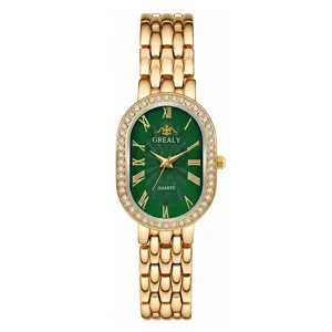 Elegant women's quartz watch with oval green dial, roman numerals and diamond bezel.