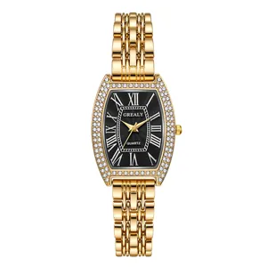 Montre à quartz dorée élégante pour femme avec lunette en strass et cadran chiffres romains.