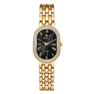 Elegant gold women quartz watch featuring an oval black dial and sparkling crystal rhinestone bezel.