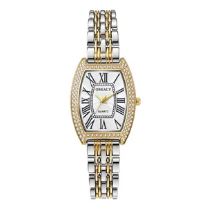 Montre Femme Vintage Boîtier Tonneau Alliage Strass Luxe Cadran Chiffres Romains Analogique Quartz Montre Bracelet Pour Dames Robe Cadeau
