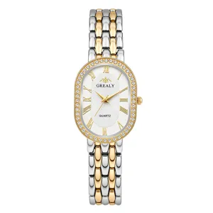 Elegant women's quartz watch with oval rhinestone bezel, two-tone metal strap and roman numerals.