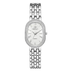 Elegant women's quartz watch with oval rhinestone dial and silver metal link bracelet.