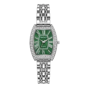 Luxe montre quartz femme tonneau strass cadran vert élégant bracelet acier mode tendance