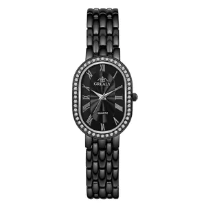 Elegant rhinestone women's quartz watch with black oval dial and metal link bracelet.