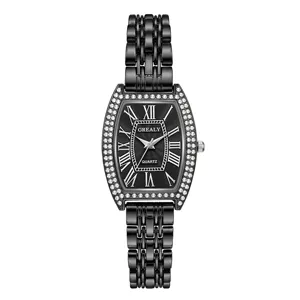 Montre quartz femme luxe strass tonneau noir acier inoxydable mode montre-bracelet