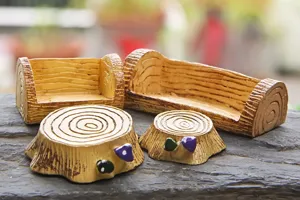 Miniature resin log chair and tree stump table set, detailed micro landscape accessory decor.