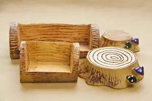 Miniature resin log furniture set with cute mushrooms for micro landscape decor and dollhouse.