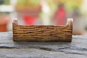Resin tree stump miniature bench detail shot, micro landscape fairy garden accessory decor.