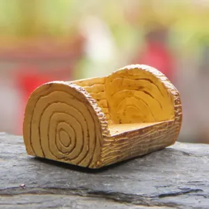 Resin miniature tree stump stool detail view, perfect for fairy garden and terrarium decor.