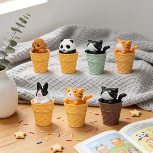 Cartoon Tier Eiswaffel Figur Kunststoff Nachtisch Modell Miniatur Katze Hase Panda Hund Ornament Für Auto Armaturenbrett Haus Deko