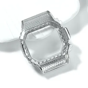 Silver iced out metal watch case bezel compatible with square sports watch replacement parts.