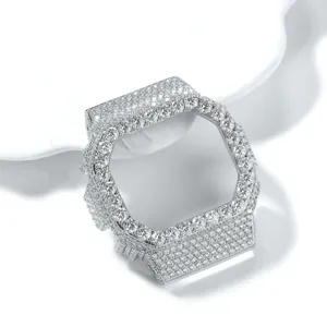 Close up of iced out watch bezel, silver metallic protective case replacement for square watch.