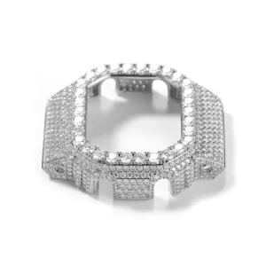 Detailed view of iced out metal watch case replacement, fully paved crystals, side close up.