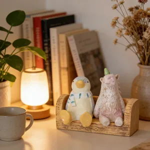 Handcrafted ceramic animal figurines set on a wooden bench for cozy desktop decor.