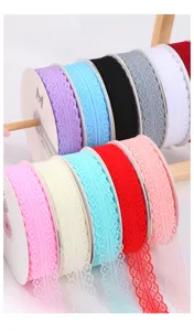 Colorful lace ribbon for gift wrapping, flower bouquet packaging and DIY craft decorations.