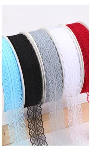 Colorful lace ribbon trim rolls for gift wrapping, flower bouquet packaging and DIY crafts.