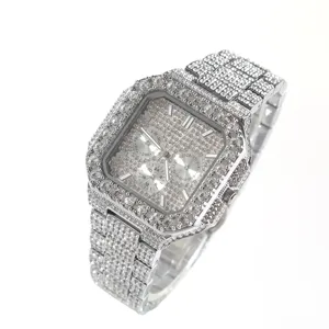 Heren Ijskoud Vierkant Kwartsuhorloge Luxe Diamant Bezette Chronograaf Polshorloge