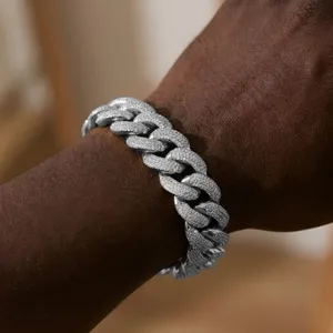 Bracelet gourmette cubaine glacée 20mm pour homme, style hip hop lourd chaîne de poignet strass.