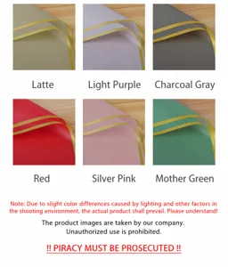 Floral wrapping paper detail view, waterproof jelly film with gold edge, color swatch.
