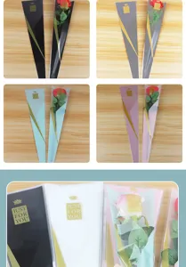 Single rose packaging bag detail showing crown logo and multiple color options for flowers.