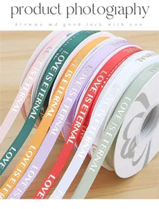 1cm colorful grosgrain ribbon rolls with gold foil text for floral packaging and DIY craft decor.