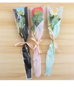 Single rose bouquet packaging bags OPP plastic clear flower wrap with ribbon bow for Valentine Day