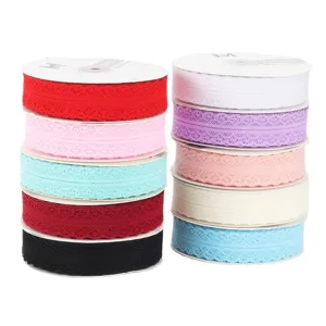 Colorful lace ribbon rolls stacked neatly for gift wrapping, floral bouquets, and crafts decoration.