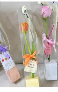 Clear PVC Single Rose Flower Packaging Box with Handle and Ribbon for Festival Gifts