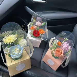 Waterproof Transparent Flower Packaging Box PVC Handheld Rose Bouquet Bag Kraft Paper Base Party Gift Packaging